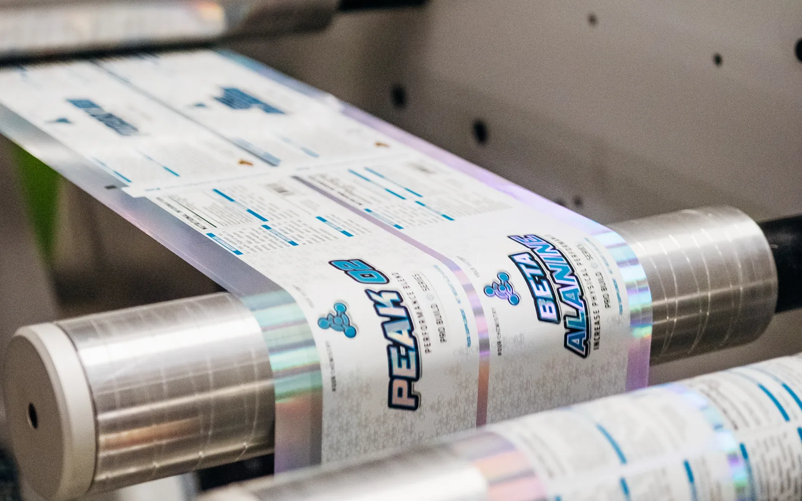 Holographic Peak Beta Alanine labels running on a Lemur Labels press in Hyde, Greater Manchester