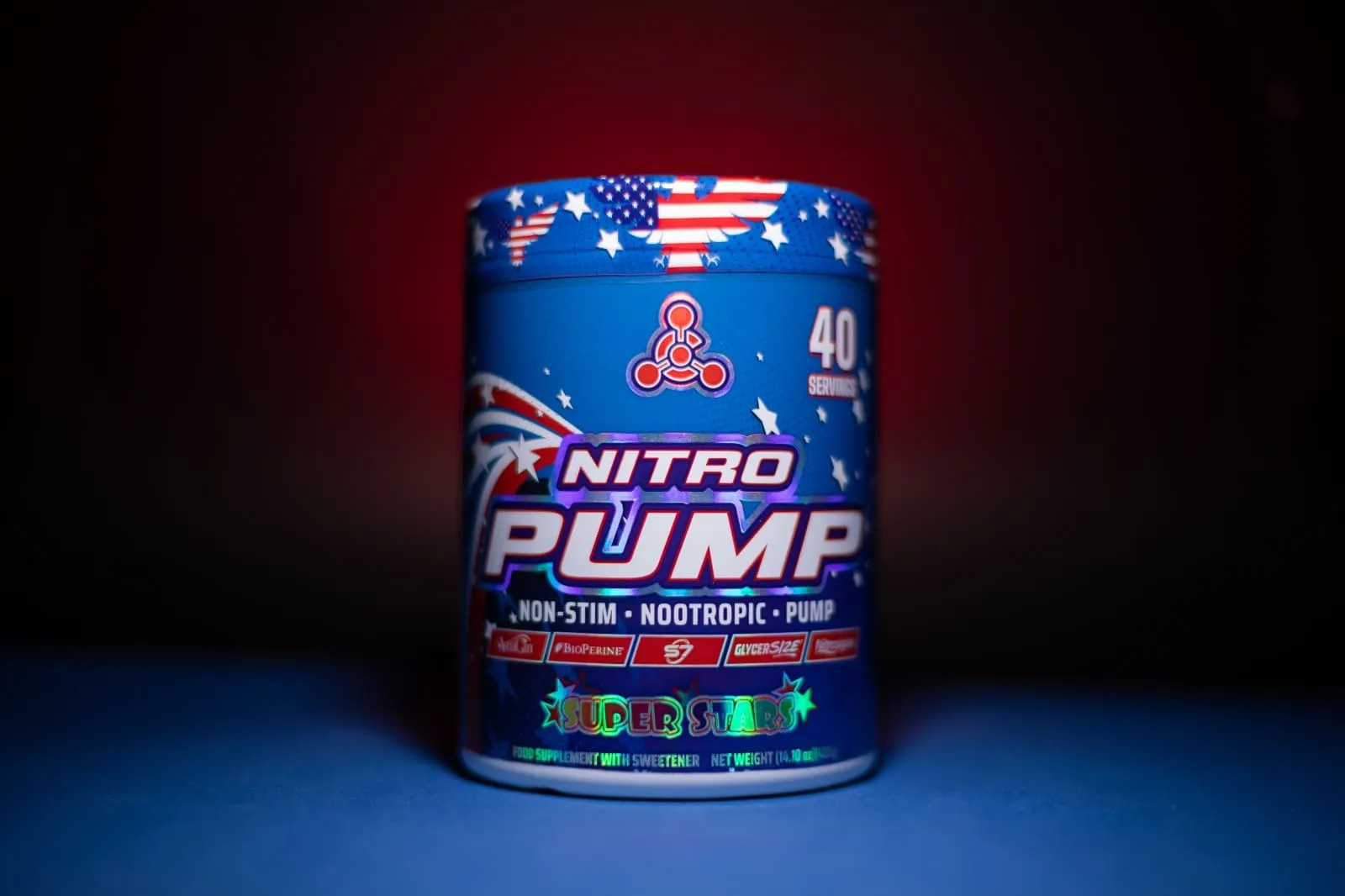 Nitro Pump supplement tub with a blue label and metallic lettering